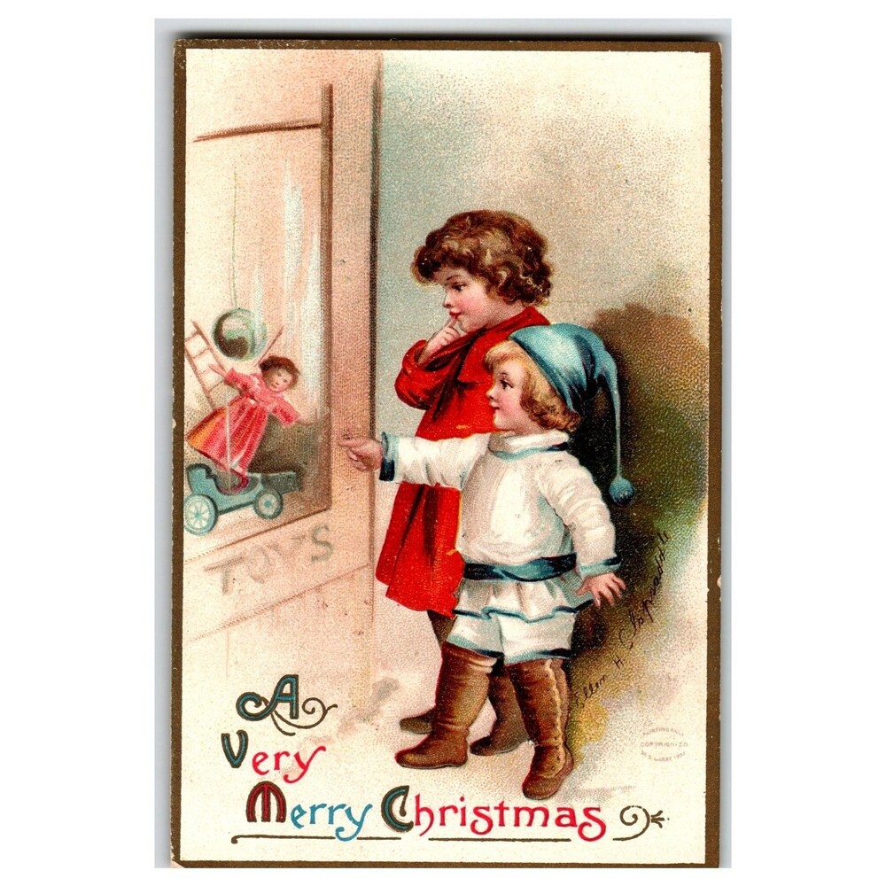 1908 Christmas Postcard Children Toy Shop Window Ellen H. Clapsaddle Germany